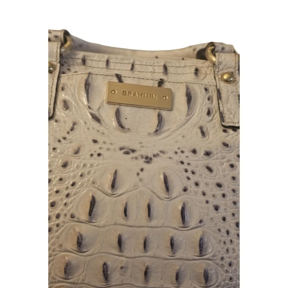 Brahmin Croc Embossed Leather Satchel Crossbody Bag Gray Cream Gold Hardware